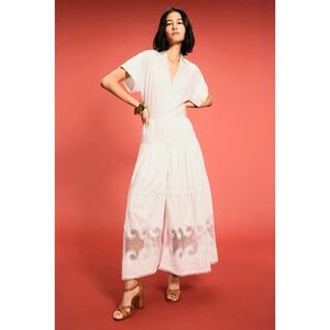 Maje White Embroidered Maxi Dress Eyelet Button Down Short Sleeve Sz 40 / 8 US